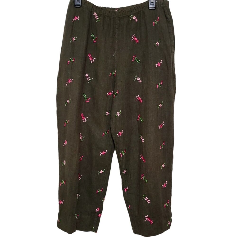 Carol LeValley Womens Linen Pants Sz S Brown Embroidered Pink Green Florals